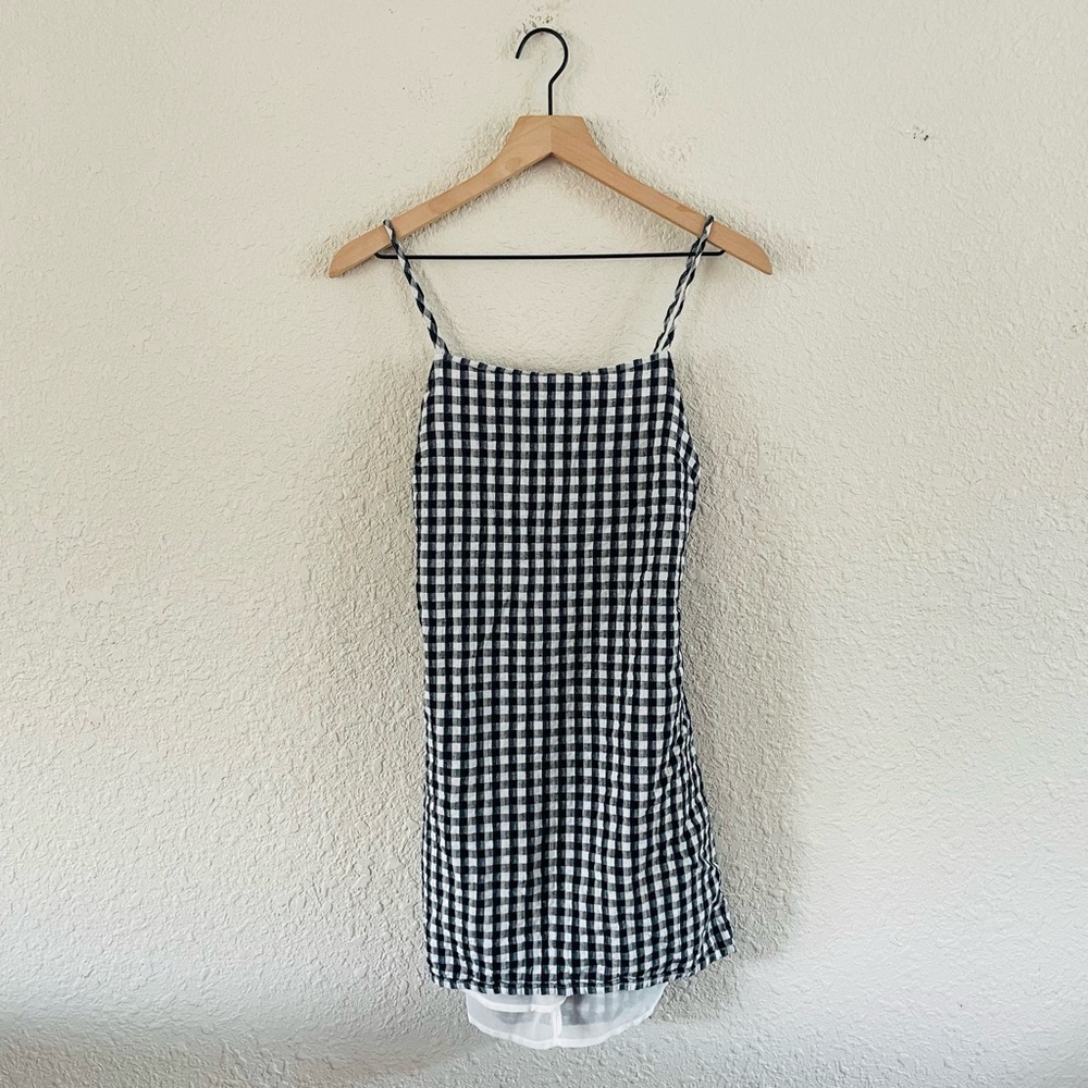 American Eagle Navy Gingham Tie Back Mini Dress